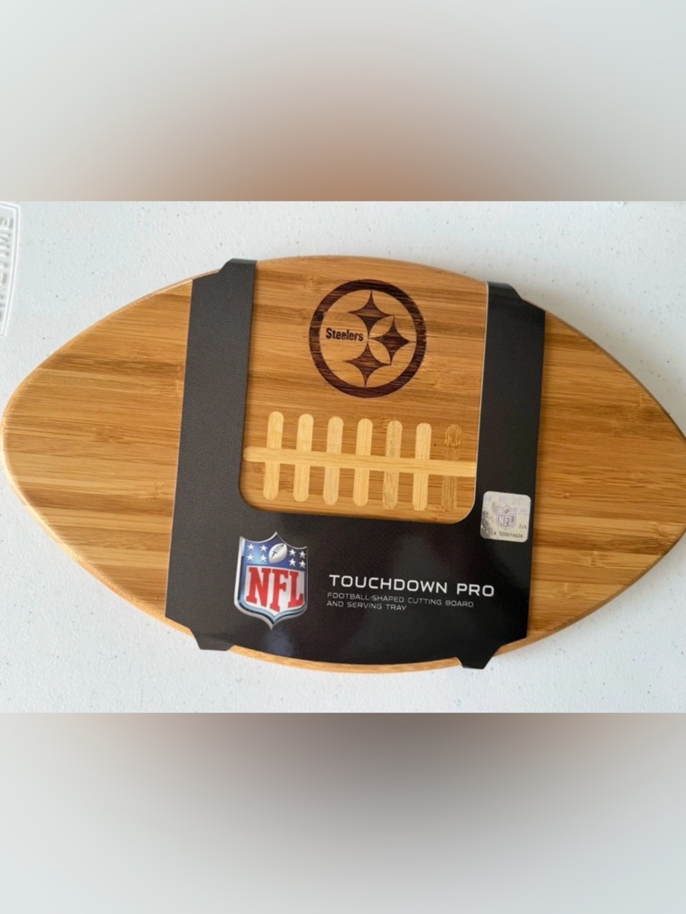 NFL Steelers Football-Shaped Bamboo Cutting & Serving Board - Natural Wood